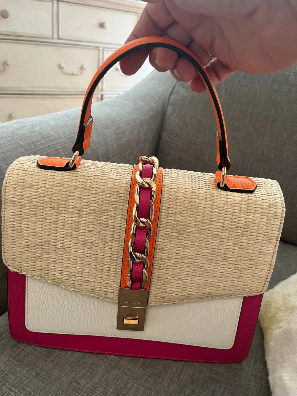 Aldo Cream Straw Satchel with Fuchsia & Orange Trim-Never Worn